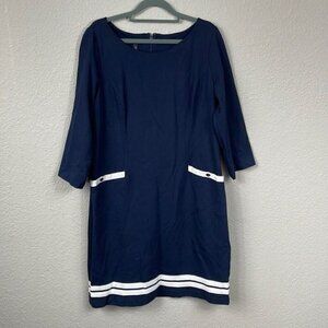 Talbots Navy Blue White Trim Career Office Dress Mod Retro 3/4 Sleeve Sz 12